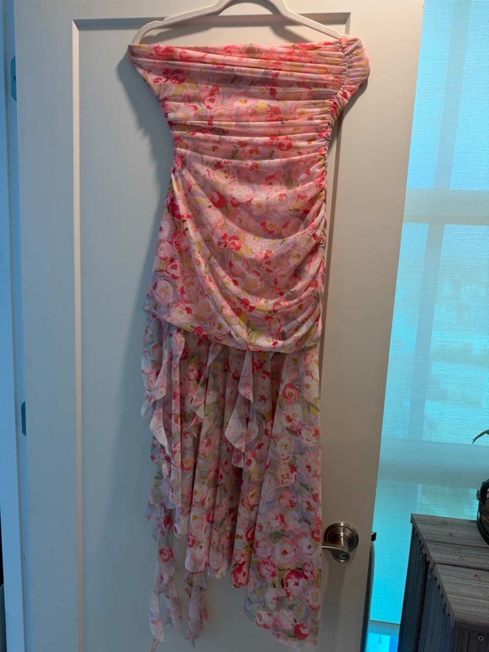 Zara Pink Floral Strapless High-Low Ruffled Maxi Dress